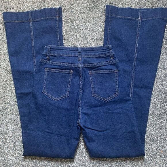 High Waist Patchwork Bell Bottom Jeans Multi Button Fly Stretchy Wide Leg - Picture 5 of 7